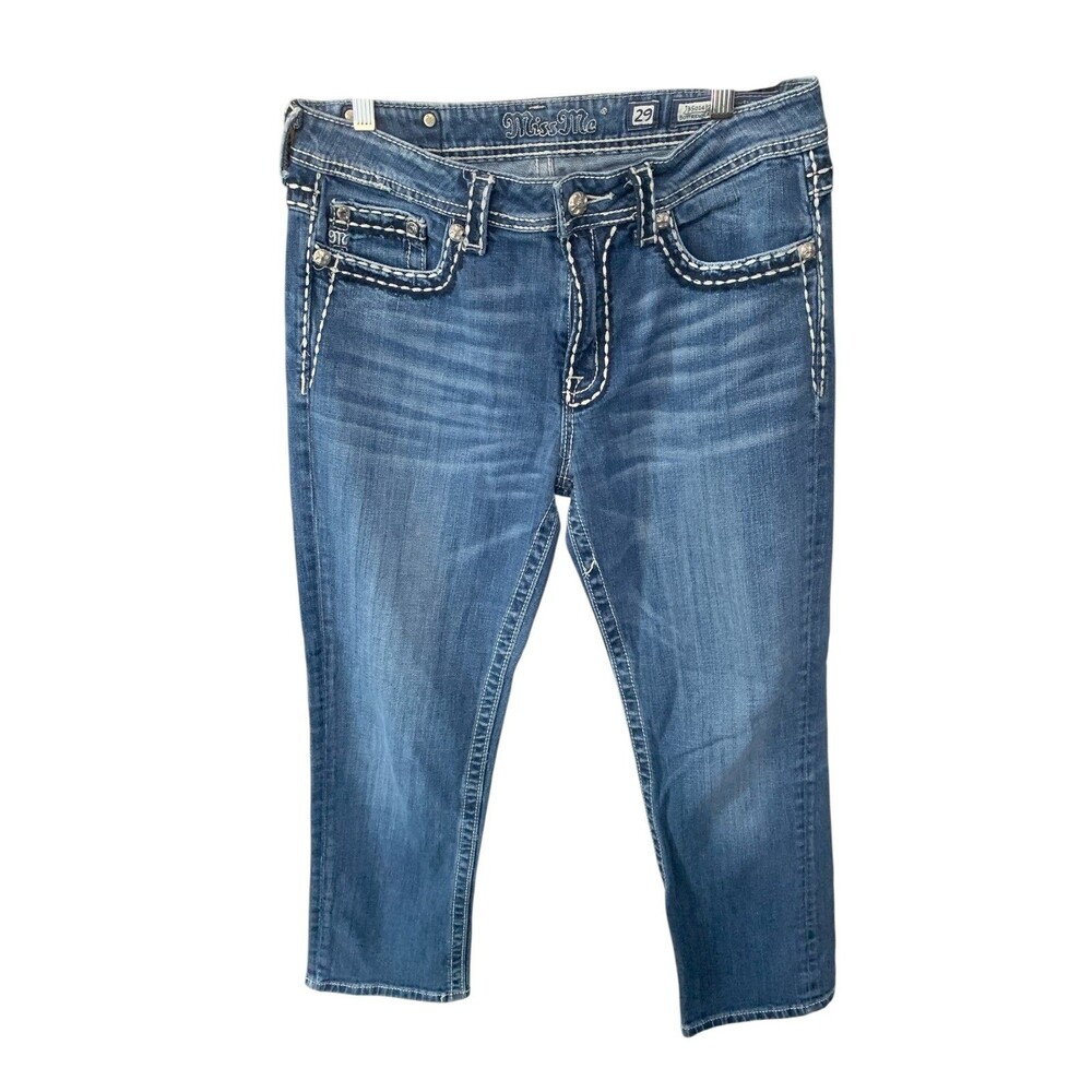 Miss Me Jeans Women’s Size 29 Boyfriend Capri Distressed Blue Denim Thick Stitch